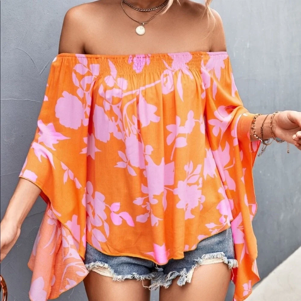 Boho Floral Print Off Shoulder Top Blouse. GREEN - Picture 13 of 17